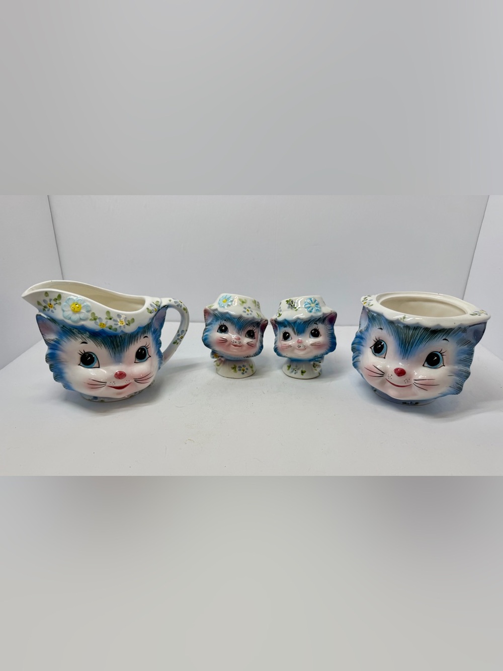 Vintage Lefton "Miss Priss" Blue Kitten Creamer, Sugar Bowl & Salt Pepper Shaker